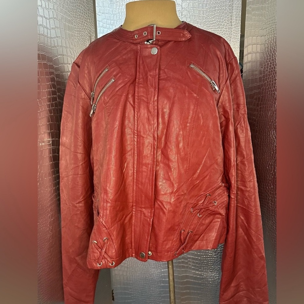 Liliana Bold Red Faux Leather Motorcycle Jacket Check Size Measurements